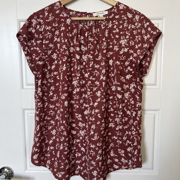 Monday Fun Floral Burgundy Red Short Sleeve Blouse Size XL - Picture 1 of 3